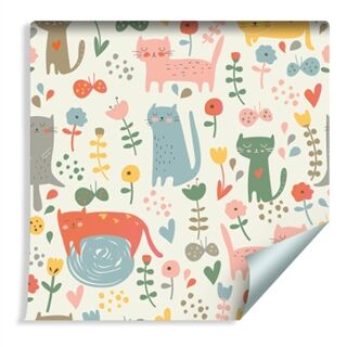 Wallpaper For Children - Colorful Cats And Plants Non-Woven 53x1000