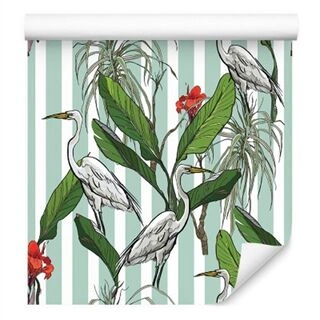 Wallpaper Cranes, Leaves And Flowers Non-Woven 53x1000