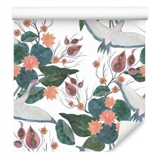 Wallpaper Flying Cranes And Flowers Non-Woven 53x1000