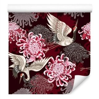 Wallpaper Cranes And Colorful Flowers Non-Woven 53x1000
