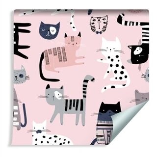 Wallpaper Colorful Cats On Pink Background Non-Woven 53x1000