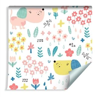 Wallpaper For Children - Colorful Dogs And Flowers Non-Woven 53x1000