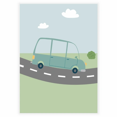 Grøn bil på vejen Plakat med grøn græs og blå himmel