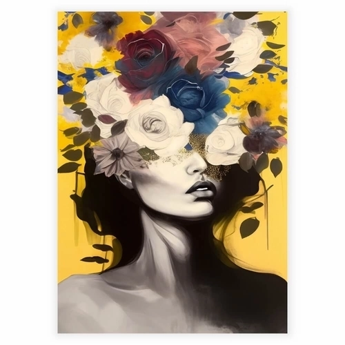 Smuk kvinde med blomster hår plakat i gule nuancer