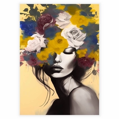 Smuk kvinde med gule blomster hår plakat 