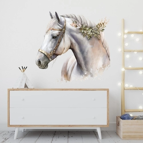 Akvarel wallsticker med en hvid hest og blomster