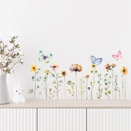 Wallstickers blomster eng med sommerfugl i akvarel