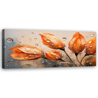 Lærred print, Tulipaner Blomster Orange Rosenrøde Dråber - (90x30)