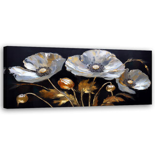 Lærred print, Valmuer Blomster Glamour Sølv - (150x50)
