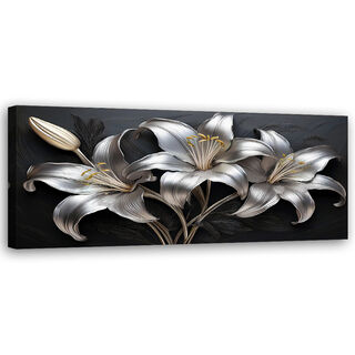 Lærred print, Liljer Sølvmalede Blomster - (90x30)