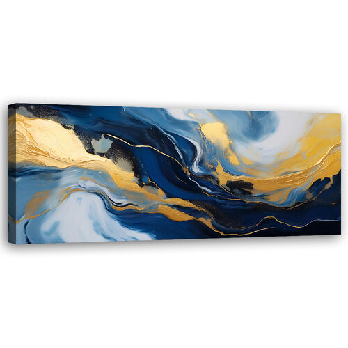 Lærred print, Abstrakt marmor tekstur blå guld - (150x50)