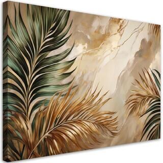 Lærred print, Boho-planteblade på glødende marmor - (100x70)