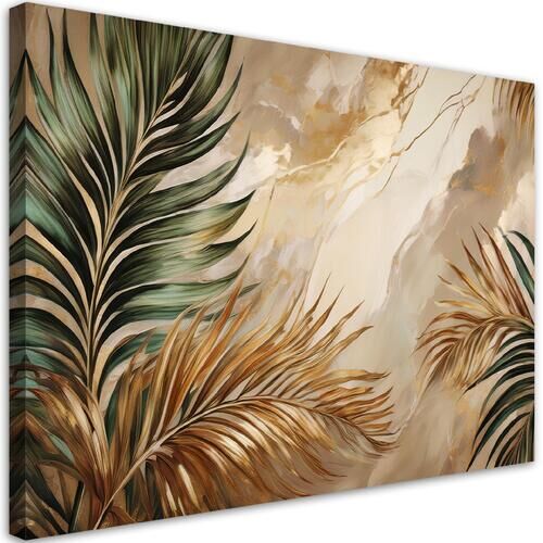 Lærred print, Boho-planteblade på glødende marmor - (60x40)