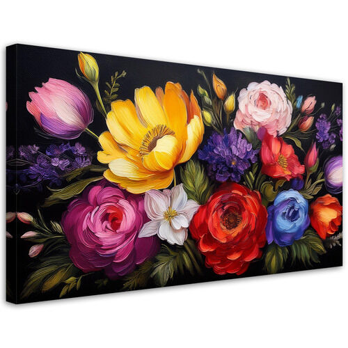 Lærred print, Blomstrende farverige blomsterbuket - (120x60)