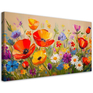 Lærred print, Valmuer farverige blomster på eng - (100x50)