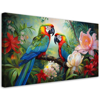 Lærred print, Farverige tropiske junglepapegøjer - (120x60)