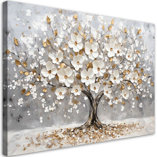 Lærred print, Livets træ Hvide blomsterblade forgyldte - (90x60)