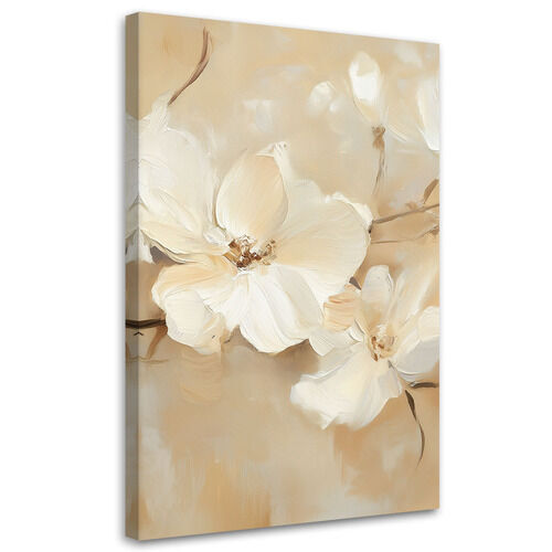 Lærred print, Hvide blomster på beige baggrund - (40x60)