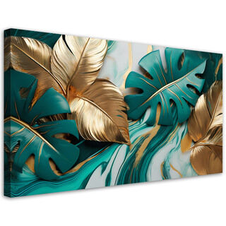 Lærred print, Monstera blade guld turkis marmor - (80x40)