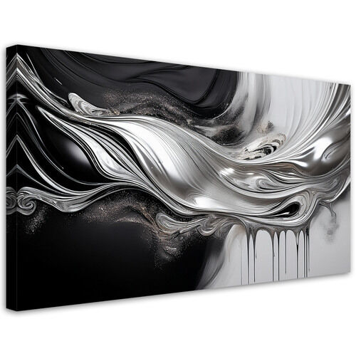 Lærred print, Sort & Sølv 3D Abstraktion - (120x60)