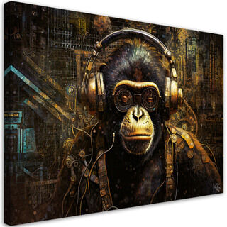 Lærred print, Chimpanse i høretelefoner