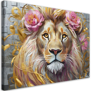Lærred print, Løve Blomster Dyr