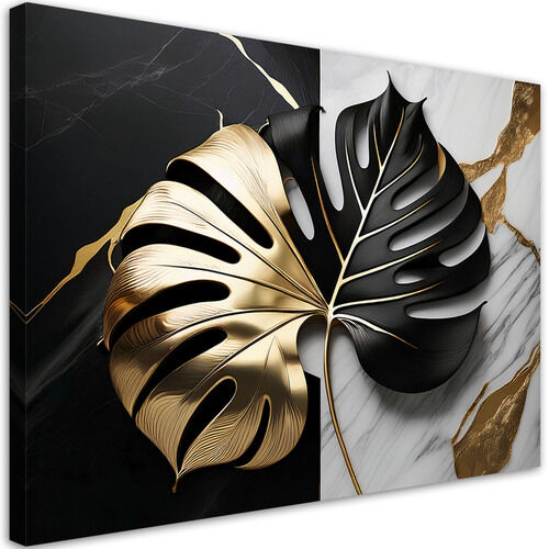 Lærred print, Monstera guld og sort på hvid og sort baggrund