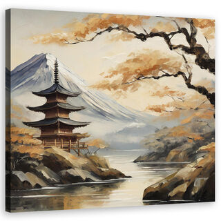 Lærred print, Japansk pagode, bjerglandskab
