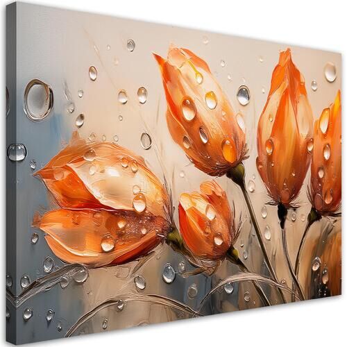 Lærred print, Tulipaner Blomster Orange Rosenrøde Dråber