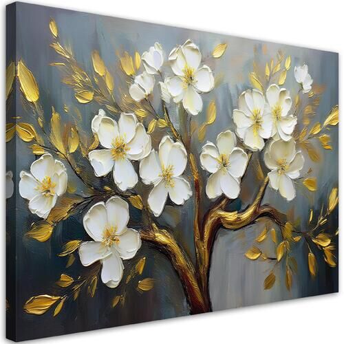 Lærred print, Hvide Blomster Planter Træ