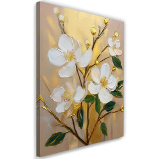 Lærred print, Hvidmalede blomster på gylden baggrund