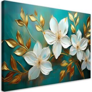 Lærred print, Hvide Blomster Guld Blade Turkis