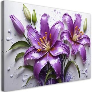 Lærred print, Blomster Lilla Liljer Vanddråber