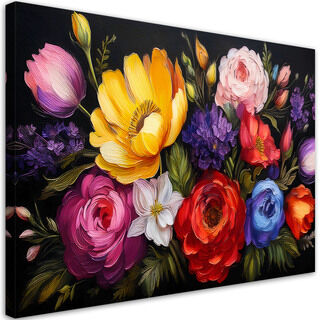 Lærred print, Blomstrende farverige blomsterbuket