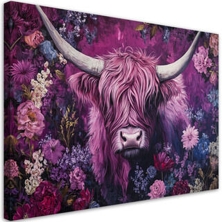 Lærred print, Scottish Cow Acbstraction Flowers