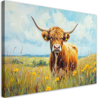 Lærred print, Scottish Cow Upland Race Engblomster