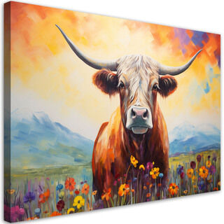 Lærred print, Pastel Meadow Scottish Cow Flowers