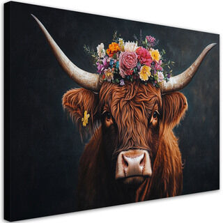 Lærred print, Skotsk Cow Upland Race, Blomster