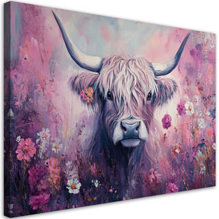 Lærred print, Skotsk ko abstrakt, lyserøde blomster