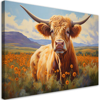Lærred print, Skotsk ko i Meadow