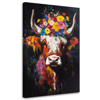 Lærred print, Skotsk ko med blomster på hovedet