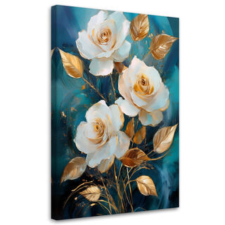 Lærred print, Roser blomster hvid og guld på blå baggrund