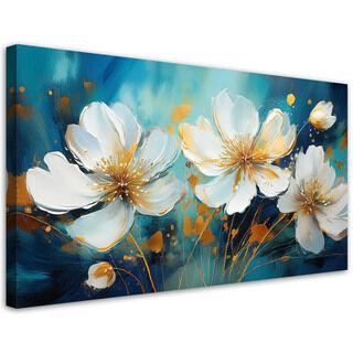 Lærred print, Malede hvide blomster på turkis baggrund