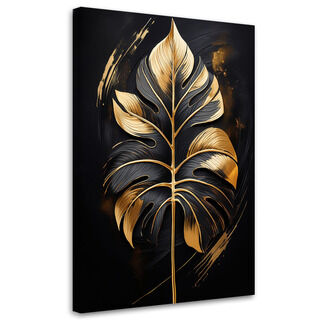 Lærred print, Monstera blad sort og guld