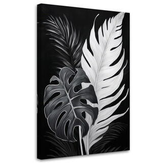 Lærred print, Sort og hvid Monstera-blade