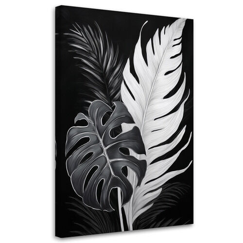 Lærred print, Sort og hvid Monstera-blade