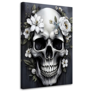 Lærred print, Dødningehoved med hvide blomster
