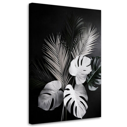 Lærred print, Monstera blade Palmeblade Sort og hvid