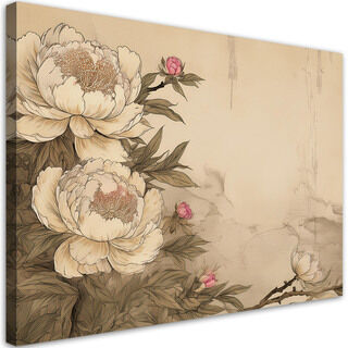Lærred print, Pæonblomster Retro Beige
