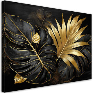 Lærred print, Sort og guld Monstera-blade